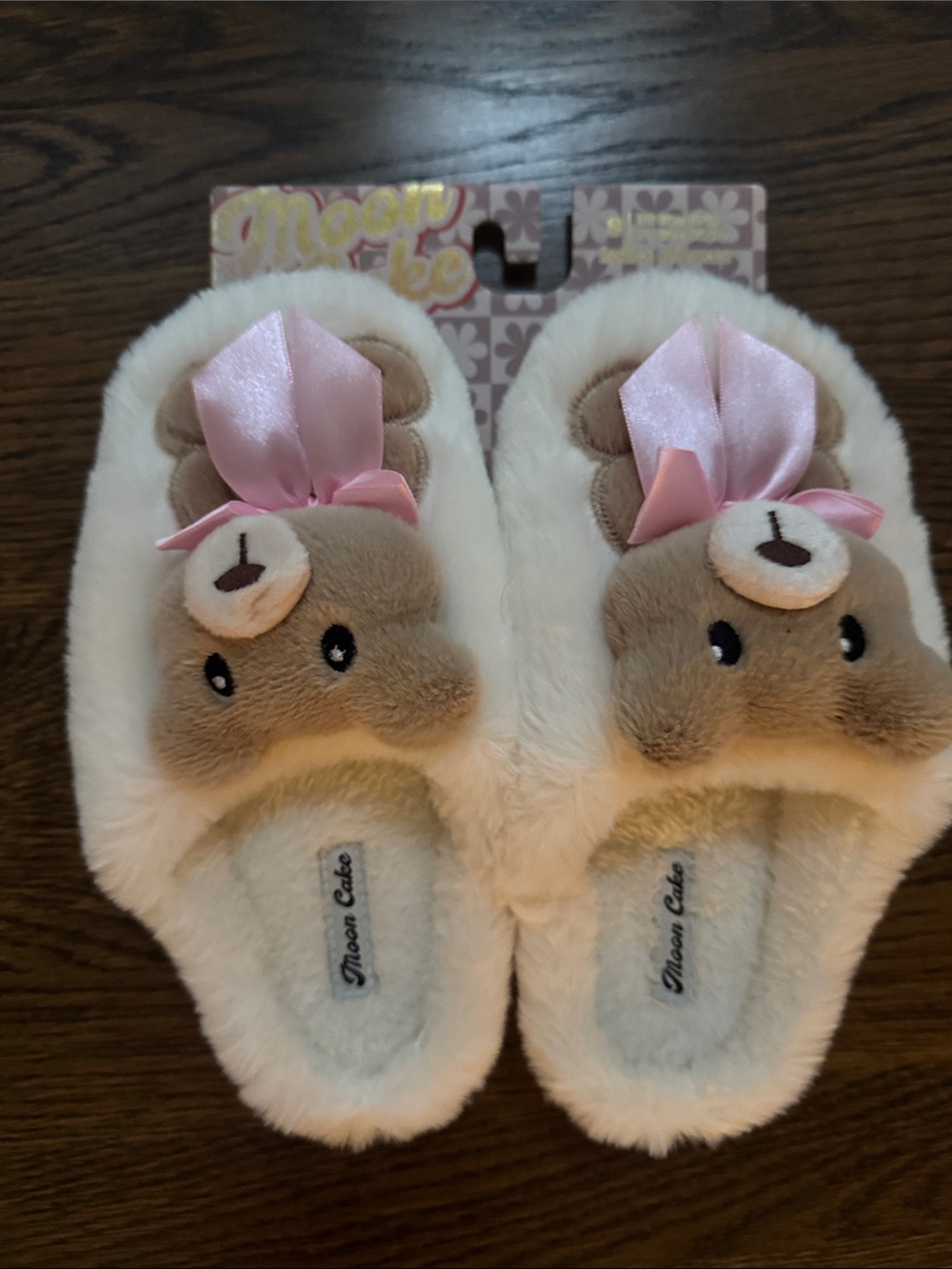 Womens Plush Bear Slippers - White with Pink Bow